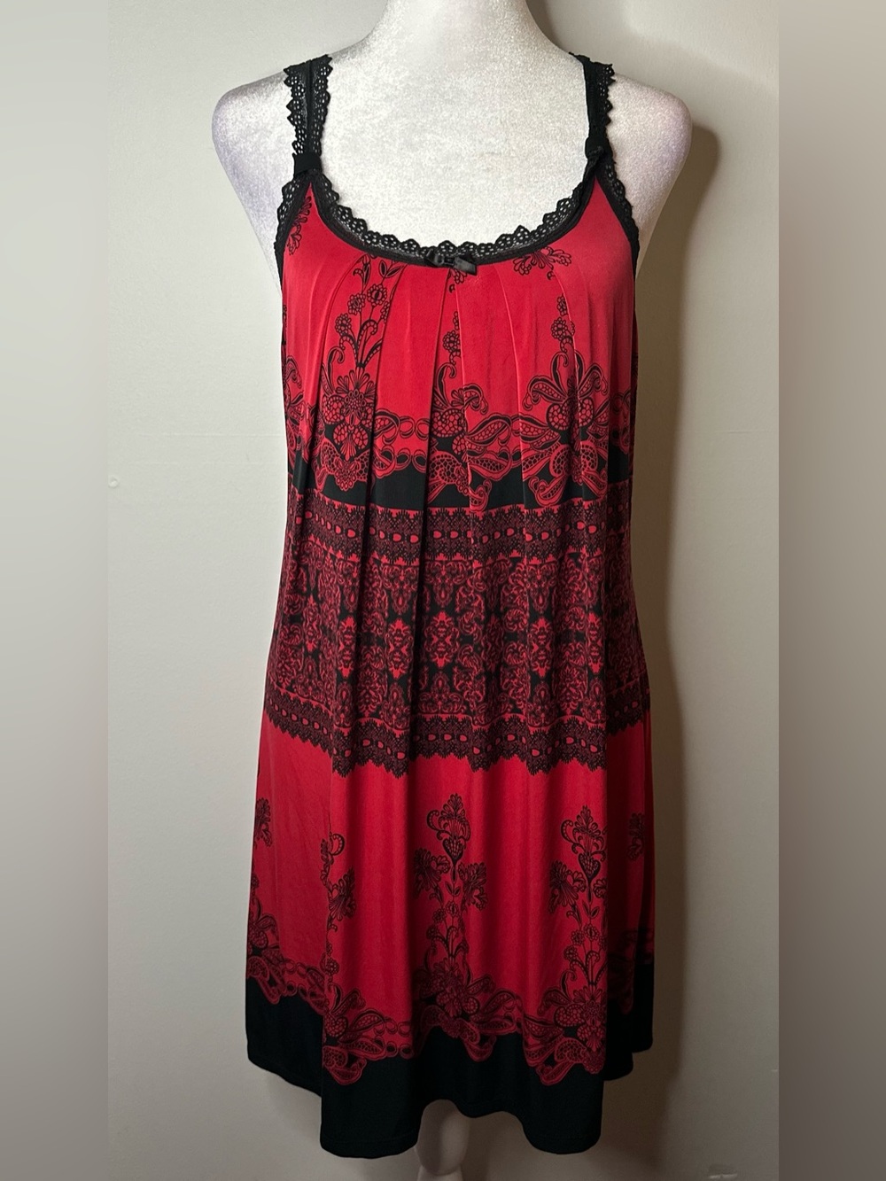 Studio Donatella Red Lace-Trim Slip Dress with Black Accents- Women’s Sleepwear